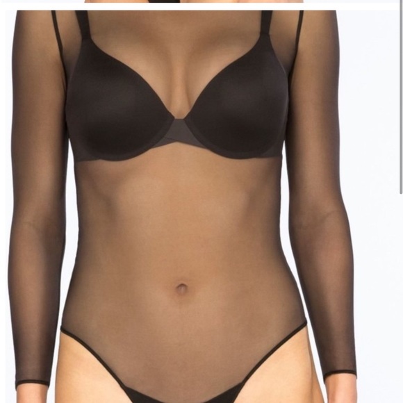 Spanx Sheer Mesh thong long sleeve Bodysuit medium in very black - Picture 4 of 9